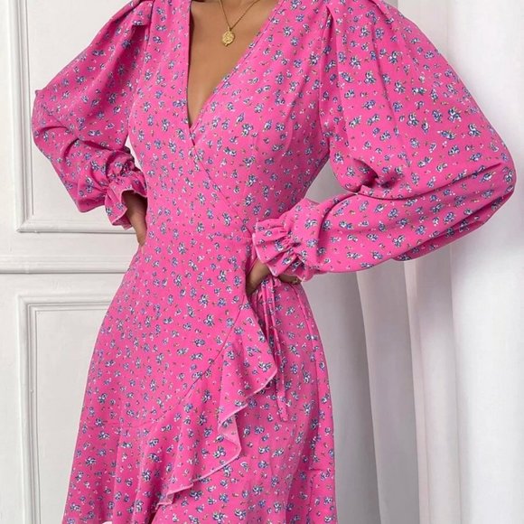 Ditsy mini Floral Flounce Long Sleeve Knot Sided Mini Dress Pink - Picture 3 of 8